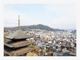 寺とたくさんの家と海が写っています