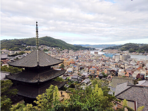 天寧寺、海雲塔、たくさんの家と海と山が写っています